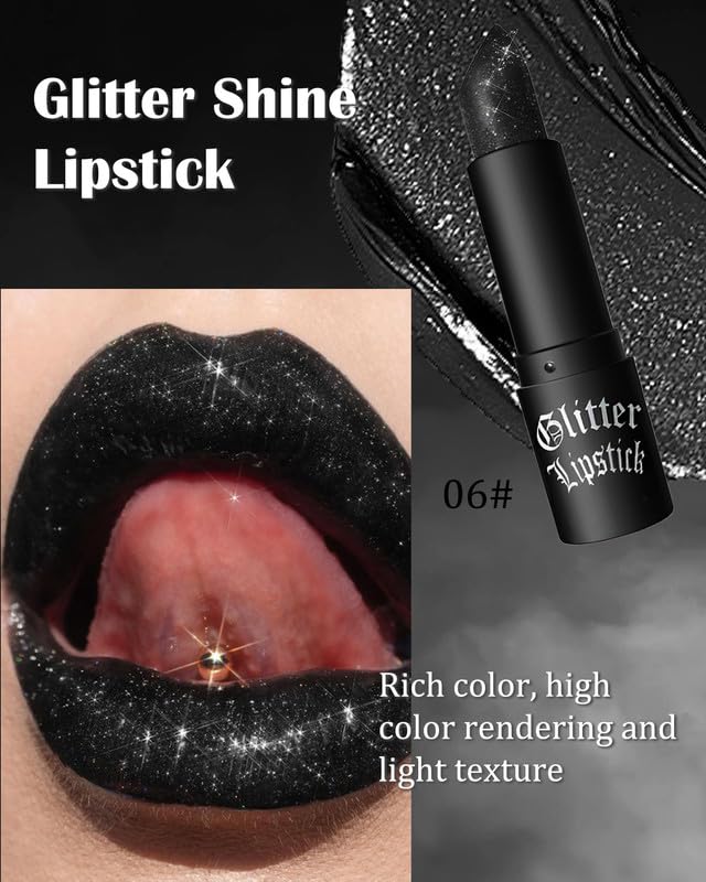 Black Glitter Lipstick,Waterproof Shimmer Lip Gloss,Halloween Gothic Makeup