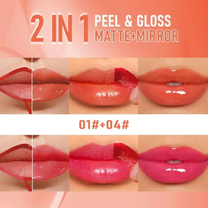 2Pcs Peel Off Lip Gloss Tattoo and Lip Oil 2-in-1, Lip Stain Peel Off Masque - Peel Off Lip Tint,Long Lasting Waterproof Transfer-proof Lip Mask Lip Gloss Peel Off Lip Liner,Stay Lip Makeup 01#+04#