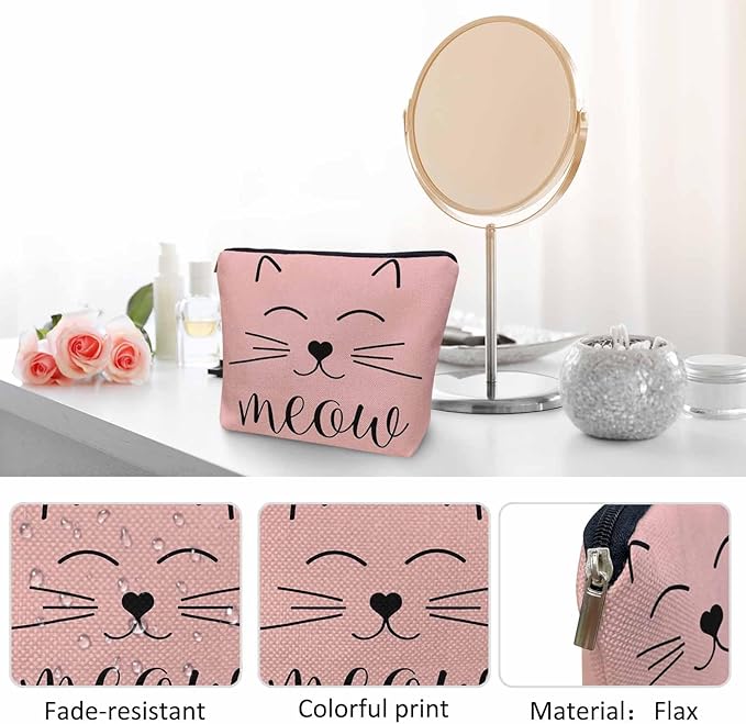 Kalygon Cat Cute Cosmetic Bags For Women, Funny Kitten Cat Face Meow Roomy Makeup Bag Toiletry Bag Accessories Organizer Storage Bags Makeup Pouch For Travel Business Gym Camping Bathroom, Pink