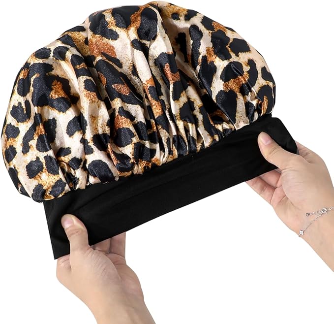 GDTOGRT Satin Silk Bonnet for Sleeping Women, Double Layer Sleep Hair Bonnets Caps for Curly Natural Hair with Tie Band Leopard-Black