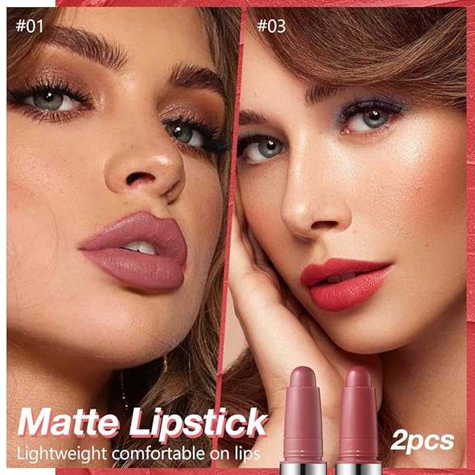 JUAAZIN 2Pcs Matte Lipstick Lip Liner Pencil Crayon - High Pigment Creamy Formula, Waterproof Long Lasting, Non-Sticklipstick, Ultra Thin Lightweight Velvet Matte Lip Feel for Women 01#+03#