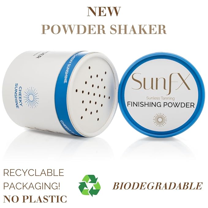 SunFX Setting Powder - Post Spray Tan Finishing Veil, Sunless Tanning Dusting Powder, Translucent Shimmer, Talcless Body Glow For Self Tanner, Spray Tan Powder - Cheeky-Sunshine, 4 Ounce (Pack of 1)