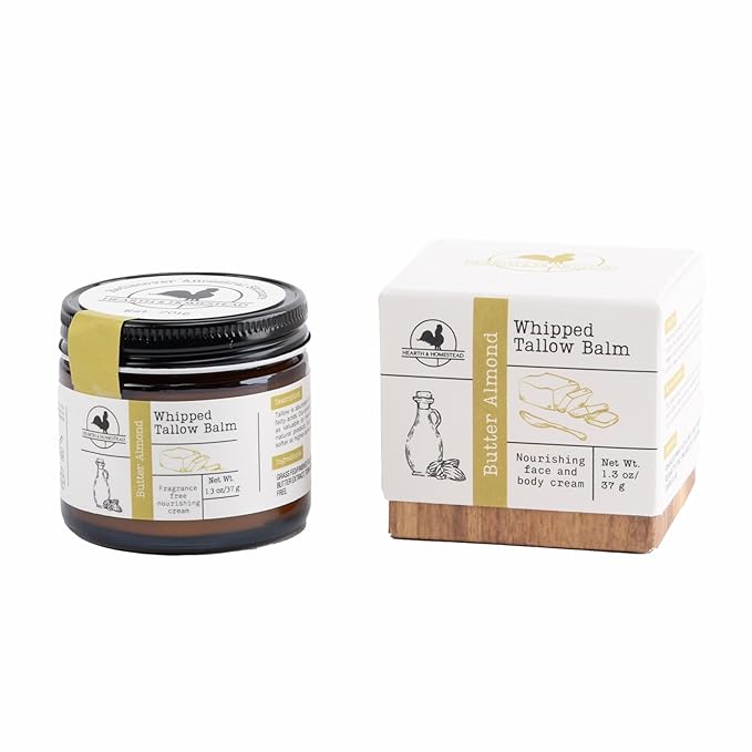 Hearth & Homestead Whipped Beef Tallow for Skin & Face, 100% Grass Fed, Eczema Cream & Body Butter, Organic Virgin Almond Oil, Lotion & Hand Moisturizer for Dry Skin, Butter Almond, 1.3oz