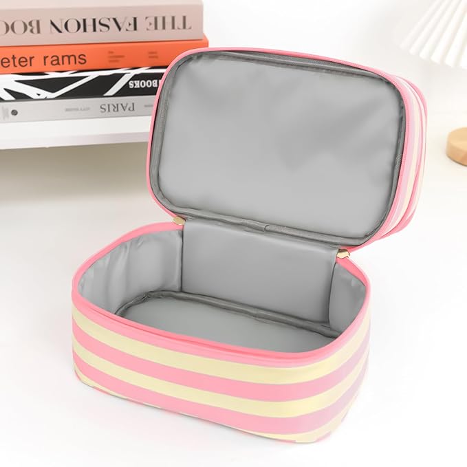 Apxouans Three Layer Makeup Bag for Women Fashion Stripes Cosmetic Bag Preppy Style Travel Water-Resistant Toiletry Bag for Storage Toiletries Cosmetics Sets for Women Teen Girls Pink