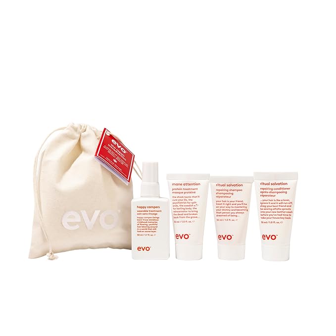Evo Repairing Introduction Set - Hair Strengthening Shampoo, Conditioner & 2 Leave-In Protein Treatments for Damaged, Color-Treated Hair - Travel Size