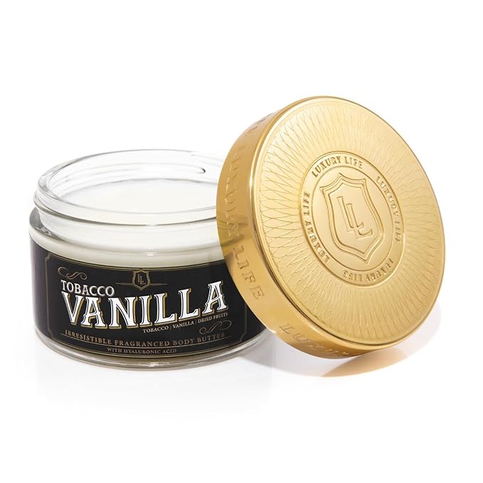 LUXURY LIFE BUTTER - 40% Extrait de Parfum Fragranced Body Butter with Hyaluronic Acid for Ultimate Moisture - Luxurious Room-Filling Natural Fragrances - Non-Greasy, USA Made, Tobacco Vanilla, 5 oz