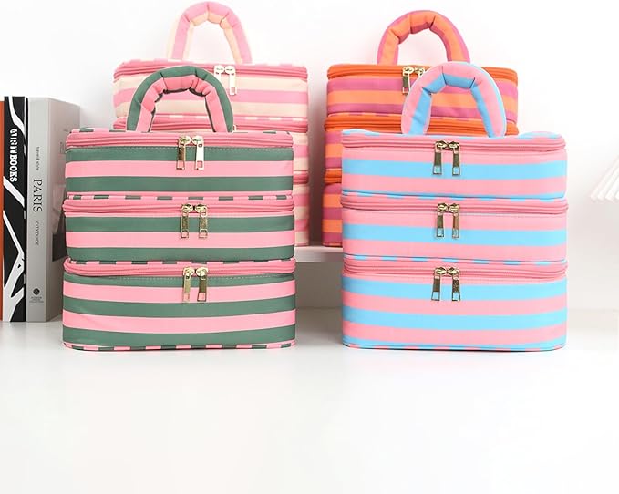 Apxouans Three Layer Makeup Bag for Women Fashion Stripes Cosmetic Bag Preppy Style Travel Water-Resistant Toiletry Bag for Storage Toiletries Cosmetics Sets for Women Teen Girls Green