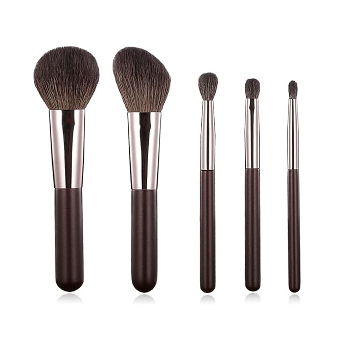 Travel Makeup Brushes Set w/Pouch, Portable 5PCS Professional Premium Goat Hair Cosmetic Brushes Kit for Powder Blush Concealers Contouring Highlighting