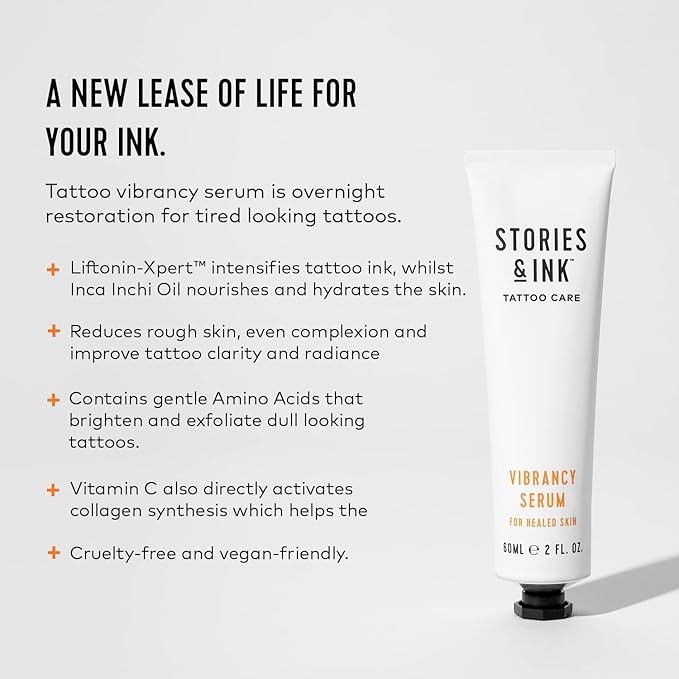 Stories & Ink Tattoo Care | VIBRANCY SERUM for Healed Tattoos | Brightening Treatment to Enhance Ink Color & Restore Faded Tattoo Pigment, Lightweight Hydrating Aftercare, 60 mL / 2 Fl Oz