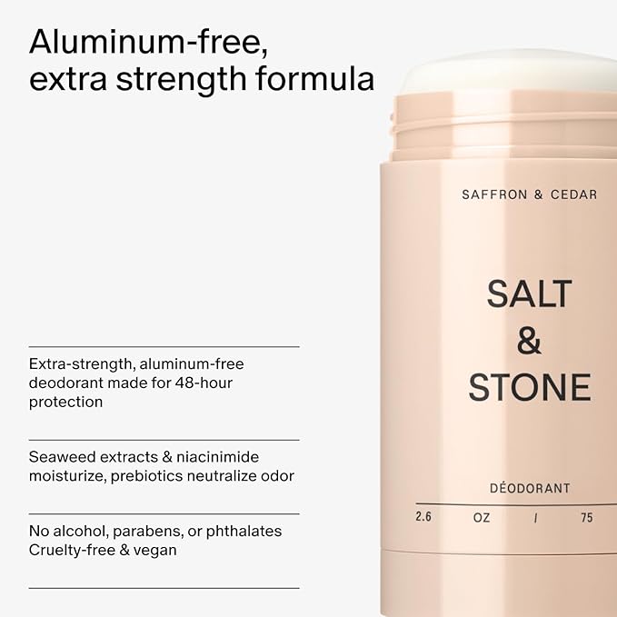 Salt & Stone Aluminum Free Deodorant | Extra Strength 48 Hour Protection for Women & Men | Made with Seaweed Extracts, Niacinamide & Prebiotics | Saffron & Cedar