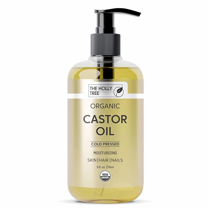 THE HOLLY TREE Organic Castor Oil - Cold Pressed 9 fl oz - 100% Pure & Hexane Free - Castor Oil for Hair Growth - Moisturizing & Nourishing - for Face & Body