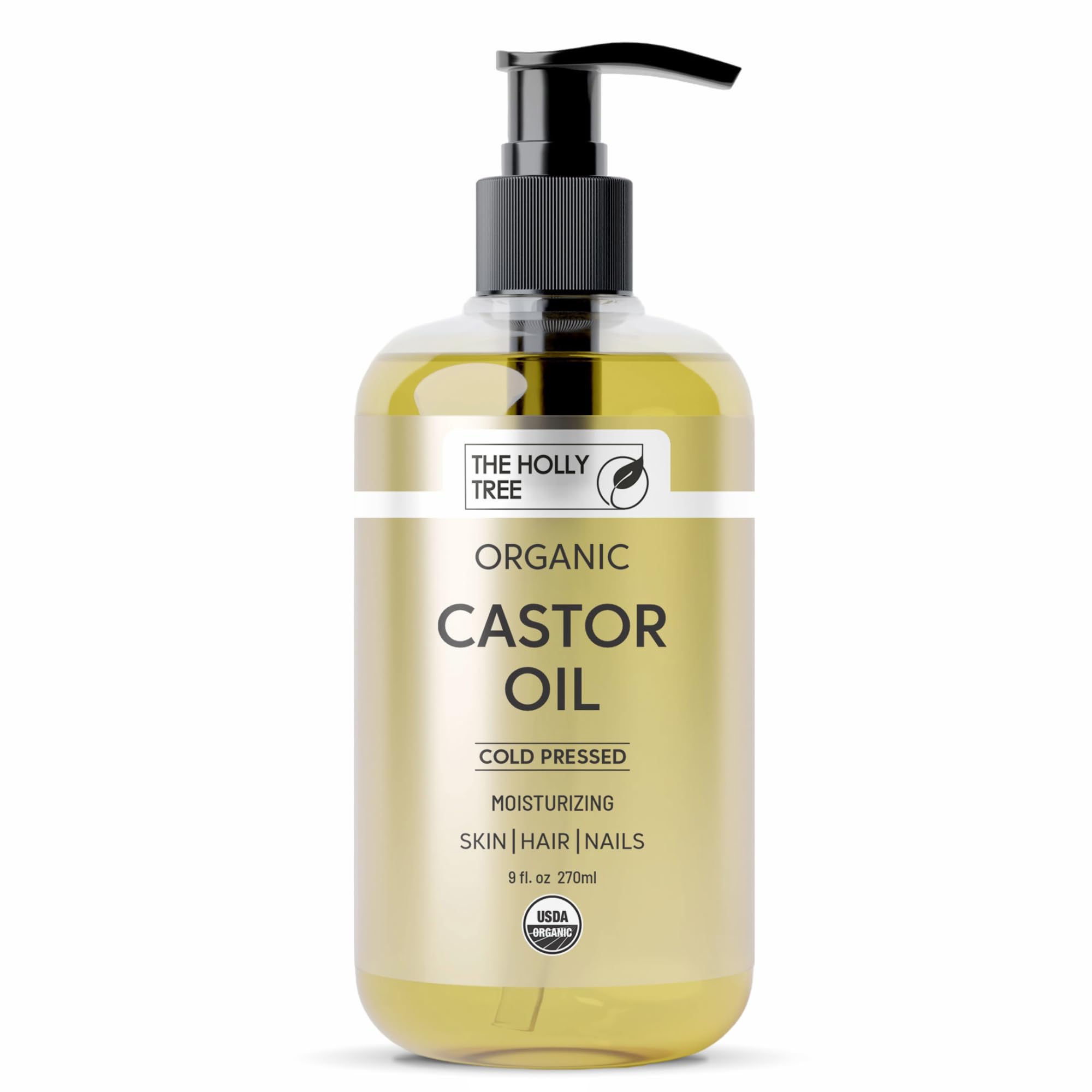 THE HOLLY TREE Organic Castor Oil - Cold Pressed 9 fl oz - 100% Pure & Hexane Free - Castor Oil for Hair Growth - Moisturizing & Nourishing - for Face & Body