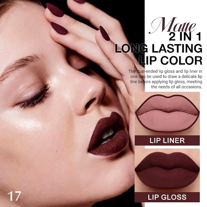 IATMOMOD 1Pcs 2 in 1 Deep Red Matte Lip Liner and Liquid Lipstick Stain Makeup Set for women, Red Long Lasting Smudge Proof Lip Tint Matte Finish Lip Gloss for All-Day Color Hold Easy to Use 17#