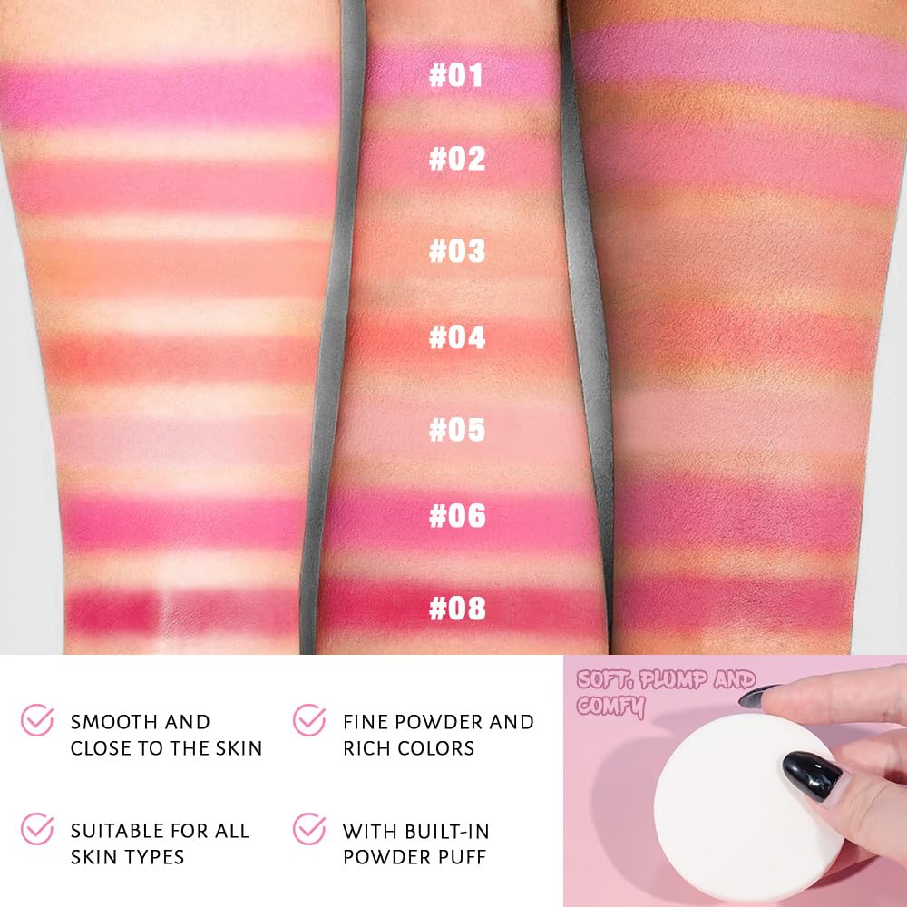 HHLTOH Natural Single Matte for Face Cheeks Blush with Makeup Powder Puff,Bright Red Monochrome Blusher Cream Powder Makeup Palette Blush Long-lasting Color Blendable Foundation for Women Every Day 08
