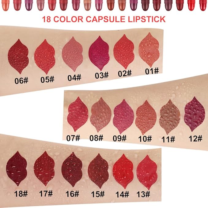 evpct 18Pcs Mini Pills Lipstick Capsule Set for Women Waterproof Long Lasting Deep Red Matte Small Magic Permanent 24 Hour Lipstick Bulk Samples Sampler labiales mate 24 horas originales 02
