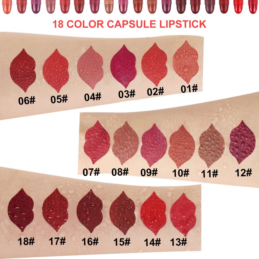 evpct 18Pcs Mini Pills Lipstick Capsule Set for Women Waterproof Long Lasting Deep Red Matte Small Magic Permanent 24 Hour Lipstick Bulk Samples Sampler labiales mate 24 horas originales 02