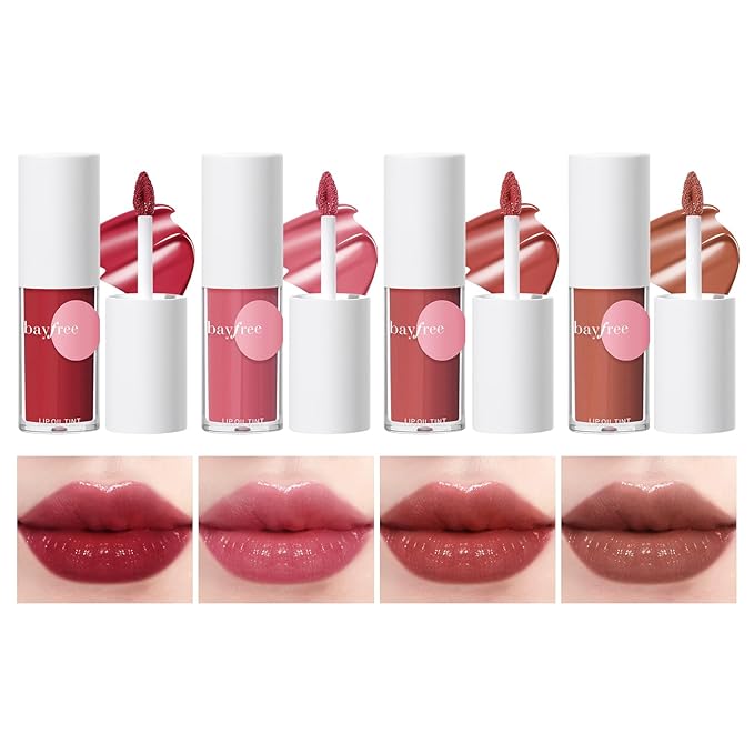 bayfree Tinted Lip Oil Stain Set 4 Shades, Non-Sticky Long-Lasting Hydrating High Shine Lip Gloss with Vitamin E, Fragrance-Free Vegan Korean Liptint for Dry Lips, Under Lipstick & Daily Wear