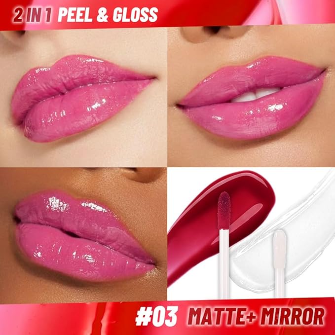 JUAAZIN Raspberry Peach Lip Stain Peel Off Lip liner and Lip oil with Tweezer, Dual-Ended Peel Off Lip Stain Tattoo, Highly Pigmented Long Lasting Waterproof, Transfer-proof for All Skin Types, 03#