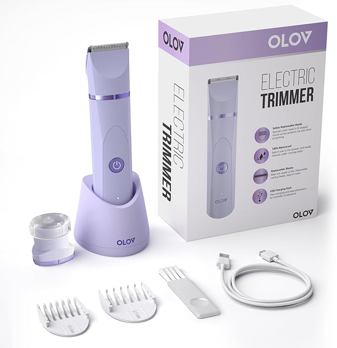 OLOV Electric Body Hair Trimmer - Groin Trimmer for Men - Bikini Trimmer Women - Wet/Dry Shaver Groomer, Replaceable Ceramic Blade Heads, Waterproof Hygiene Razor, Purple