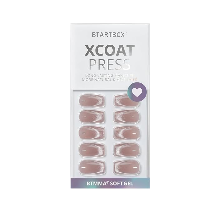 BTArtbox Press On Nails, Milky Way, Short Coffin, Cat Eye French, 32Ct