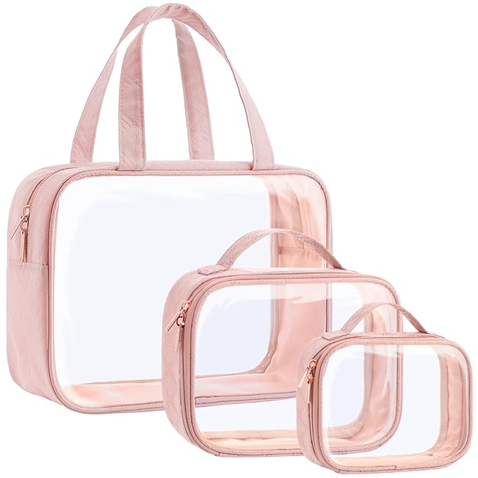 PACKISM Clear Makeup Bag Travel - TSA Approved Toiletry Bag, 3 Pack Pink