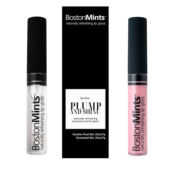 Boston Mints Plump & Shine Lip Duo Set - Swan Boat Lip Gloss (.25oz) and Lip Plumper Southie Pout (.25oz) - Naturally Refreshing Vegan Lip Gloss