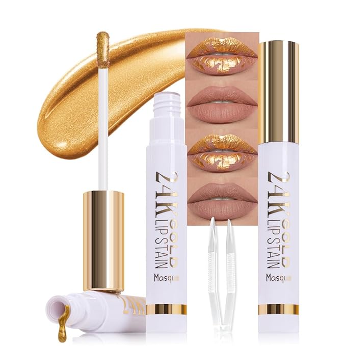 IATMOMOD 2Pcs 2025 New Gold Liquid Matte Lip Liner Stain Peel Off with Tweezer, Long Lasting, Waterproof Matte Lipstick Lip Gloss Tattoo for Women, Smudge-proof Non-Stick Cup Lip Tint Makeup 01#+02#