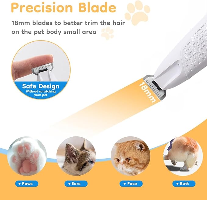 JNEKWOZ Professional Dog & Cat Trimmer - Quiet Electric Pet Grooming Kit for Ears/Eyes/Paws with LED Light - Cordless Battery-Powered Fur & Nail Clipper for Small/Large Breeds(White)