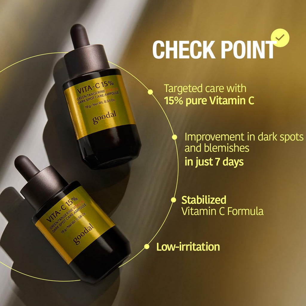 GOODAL Green Tangerine Vita C 15 Ampoule, Korean Skin Care, Vitamin C Serum, Hydrating Daily Facial Care for Fine Lines, Dull Skin, K Beauty, 16g/0.56 Oz