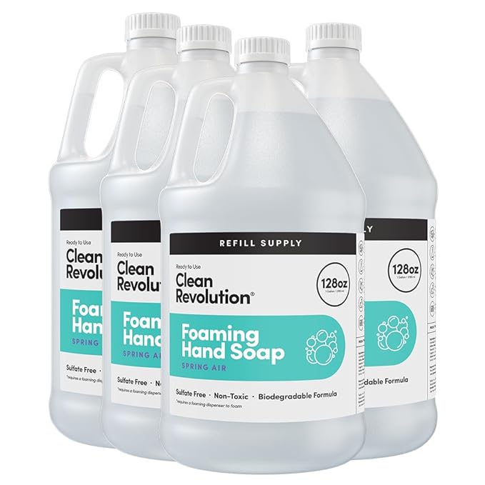 Clean Revolution Foaming Hand Soap Refill with Real Essential Oils, Moisturizing Sulfate-Free Hand Soap, Ready-to-Use Foam Soap Refill for Kitchen & Bathroom, Spring Air (128oz, 4 Pack)