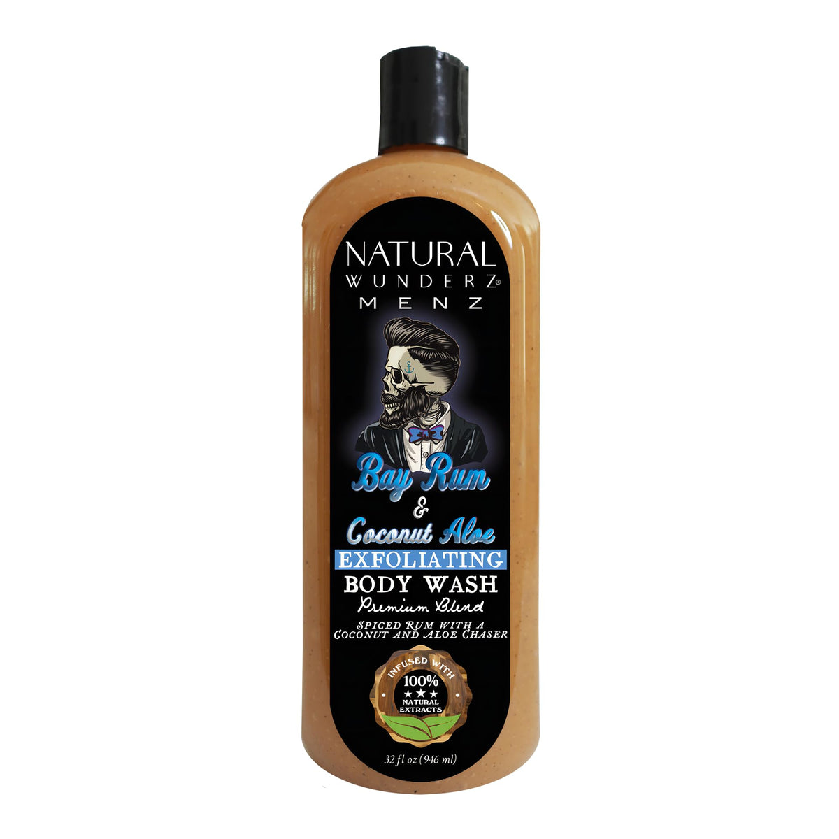 Natural Wunderz Mens Body Wash, Exfoliating Bay Rum & Coconut Aloe Scent, 32 Fl Oz All-In-One Liquid Soap and Shower Gel, Sulfate Free and Vegan Friendly Body Scrub