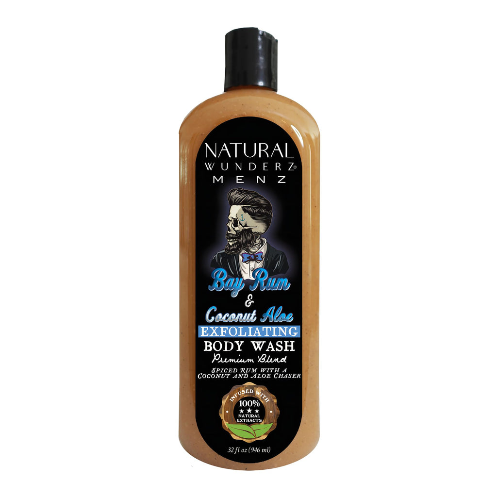 Natural Wunderz Mens Body Wash, Exfoliating Bay Rum & Coconut Aloe Scent, 32 Fl Oz All-In-One Liquid Soap and Shower Gel, Sulfate Free and Vegan Friendly Body Scrub