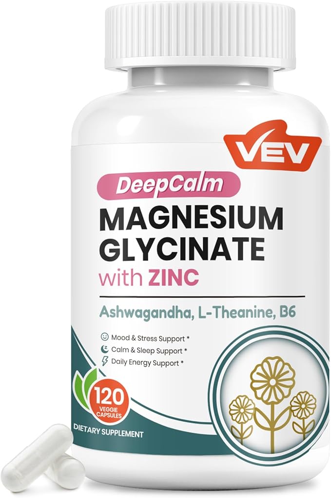 VEV Deep Calm Magnesium Glycinate and Zinc Supplement with Vitamin B6, Ashwagandha & L-Theanine – Cortisol Supplements for Daily Balance – 120 Vegan Capsules