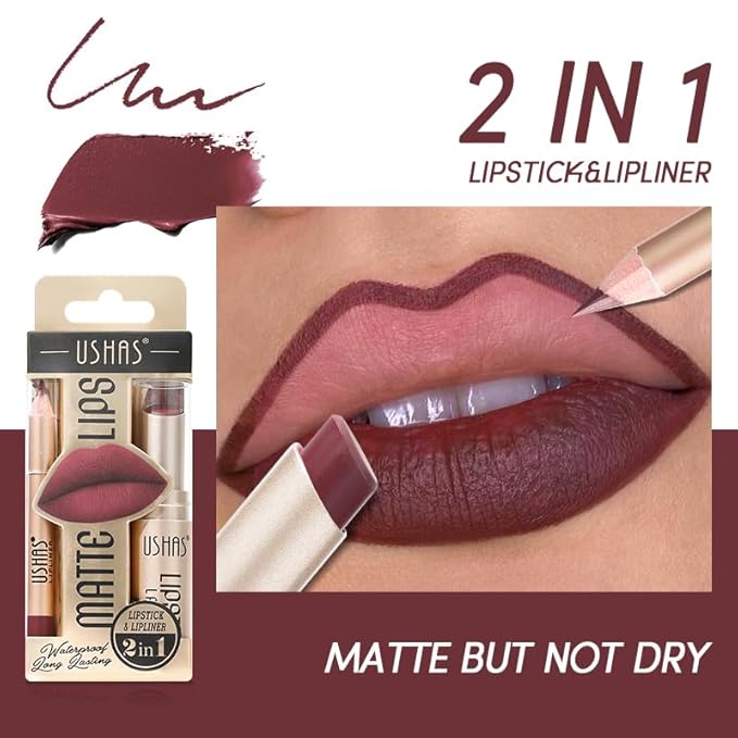 USHAS 2 in 1 Waterproof Lipstick and Lip Liner Combo Set - Long Lasting Matte Lipstick Pen with Lip Liner Set Makeup Kit (G2, Pack of 1)
