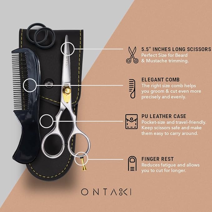 Ontaki Beard & Mustache Scissors & Combs - 5.5" Japanese Steel, Silver