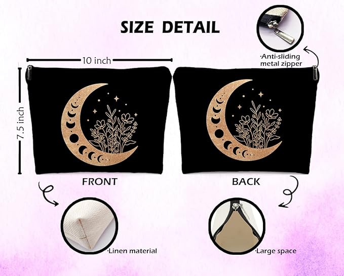 Dwept Boho Floral Celestial Crescent Moon Phase Makeup Bag, Mystical Crescent Moon Linen Makeup Travel Toiletry Bag, Abstract Floral Moon Cosmetic Bag Gifts For Girls Women Daughter Sister