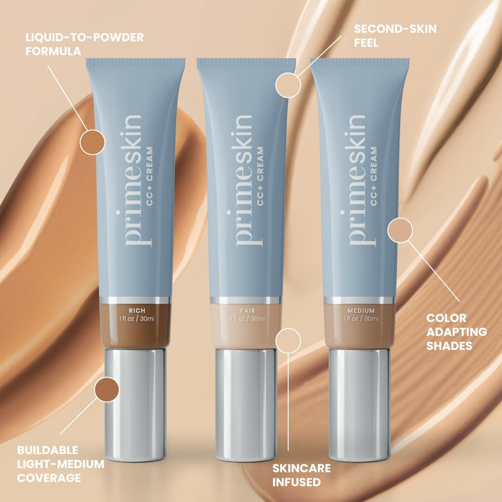 Prime Prometics PrimeSkin CC+ Cream for Mature Women – Liquid-to-Powder Foundation – Blurs Pores & Covers Age Spots – Crease-Free, Hydrating & Soft-Matte Finish for Sensitive Skin (Tan Rich)