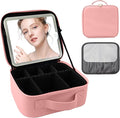 SUILU Travel Makeup Bag with LED Mirror Makeup Case with Light Up Mirror Portable Cosmetic Brush Organizer Bag with Adjustable Dividers for Cosmetics Makeup Brushes Toiletry (Pink)
