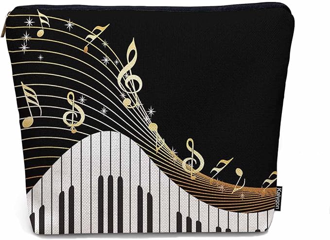 Kalygon Women Makeup Organizer Bag Piano Music Notes Instrument Piano Flax Cosmetic Bag Makeup Bags Toiletry Bag Accessories Organizer Travel Bags For Home Bathroom Office Hotel Gym Black Golden