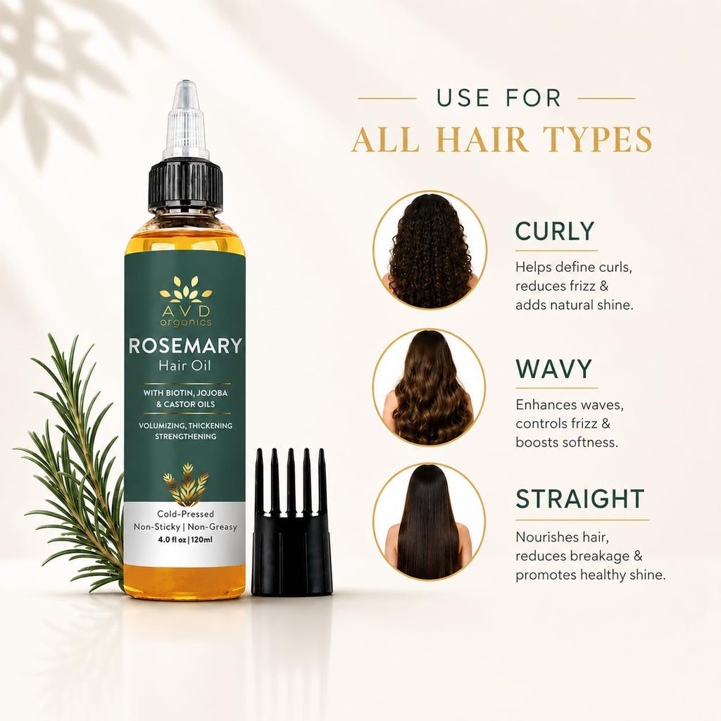 AVD ORGANICS Rosemary Oil for Hair Growth & scalp | Infused with Biotin | Hair Strengthening, Nourishing and Volumizing | infused with Jojoba & Castor Oil | NON - GMO 120ml