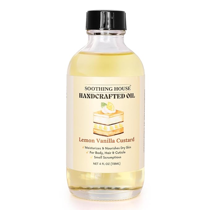 Soothing House Lemon Vanilla Custard Oil with All-Natural Moisturizing Body Oil for Soft, Glowing Skin with Almond & Jojoba Oil (4 fl oz)