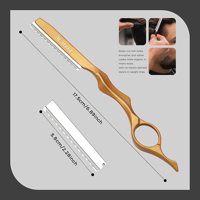 Hair Razors For Cutting Hair 6.89", Professional Styling Razor with Replacement Stainless Steel Blades for Salon/Home -11PCS Gold