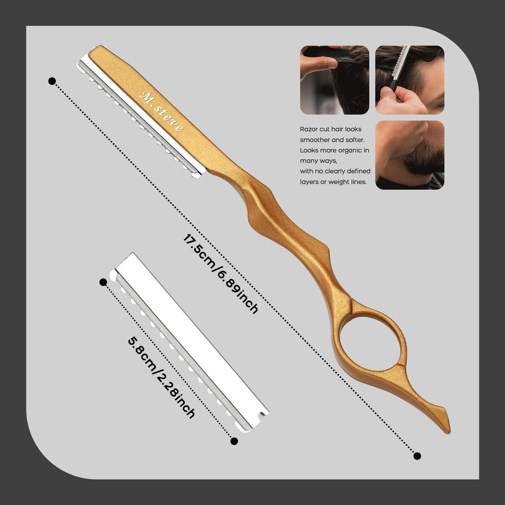 Hair Razors For Cutting Hair 6.89", Professional Styling Razor with Replacement Stainless Steel Blades for Salon/Home -11PCS Gold