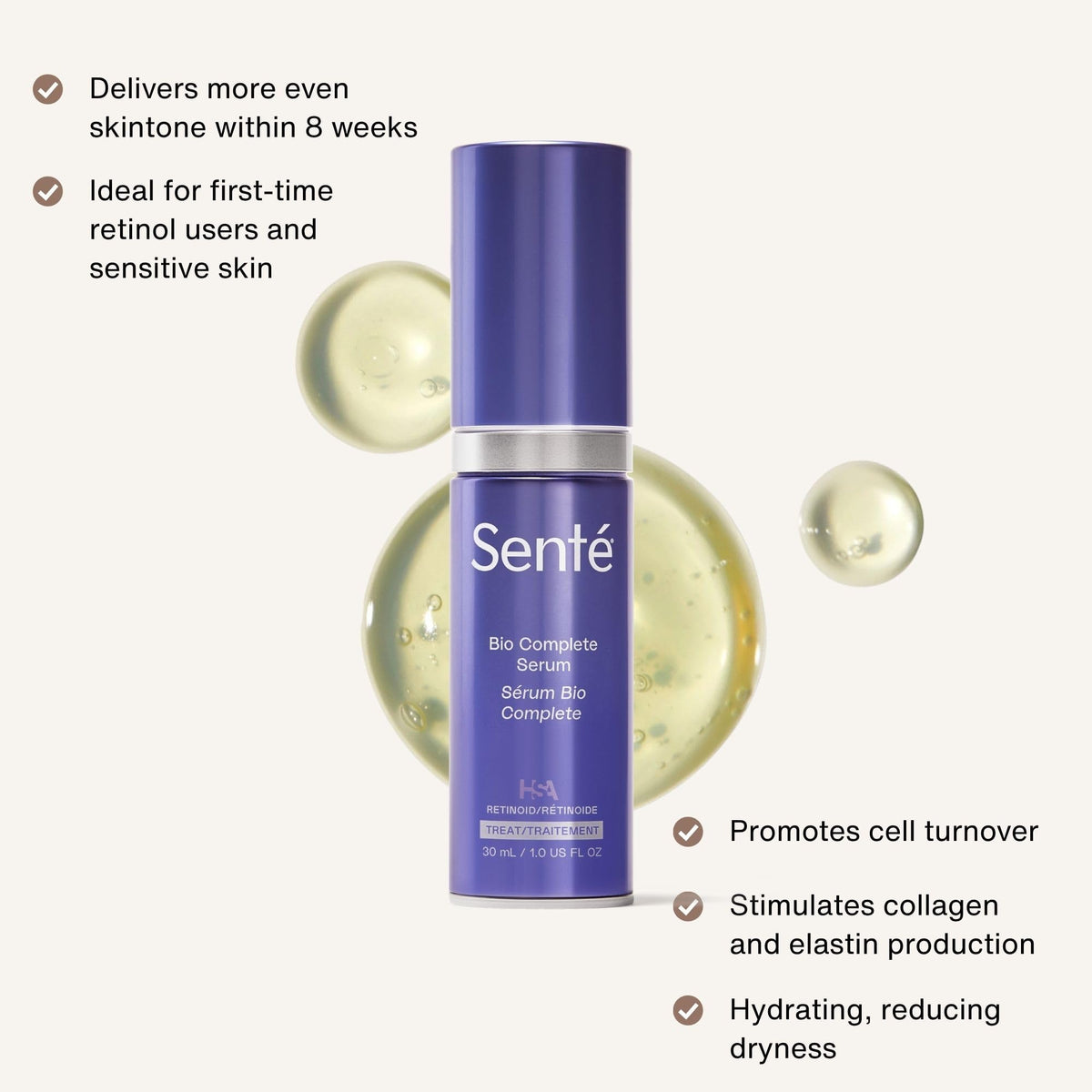 Senté Bio Complete Serum | Retinoid Serum for Sensitive Skin | Gentle, Nourishing & Hydrating | Combats Dull and Aging Skin | 1.0 Fl Oz