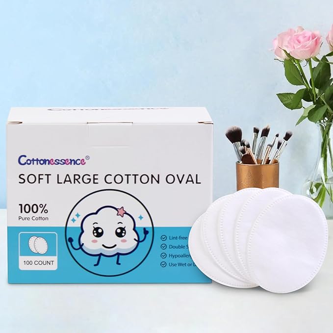Cottonessence Oval Cotton Pads (100-Count)- 100% Pure Cotton, Gentle Enough for Babies, Soft Texture, Large Size, Lint-Free, Double Sided, Hypoallergenic, Use Wet or Dry