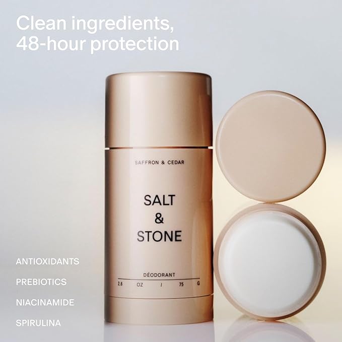 Salt & Stone Aluminum Free Deodorant | Extra Strength 48 Hour Protection for Women & Men | Made with Seaweed Extracts, Niacinamide & Prebiotics | Saffron & Cedar