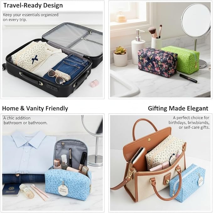 OIMEI Floral Quilted Cotton Makeup Bag for Women, Large Capacity Travel Cosmetic Pouch with Zipper, Cute Toiletry & Brush Organizer, Kawaii Makeup Storage Case – Blue Bow