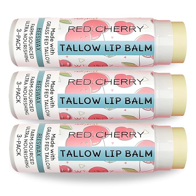 Tallow Lip Balm by Cattle Creek – All-Natural Ingredients, Long-Lasting Moisture and Hydration for Dry, Cracked, and Chapped Lips, Soothing Formula for Soft Skin (Pack of 3, Red Cherry)