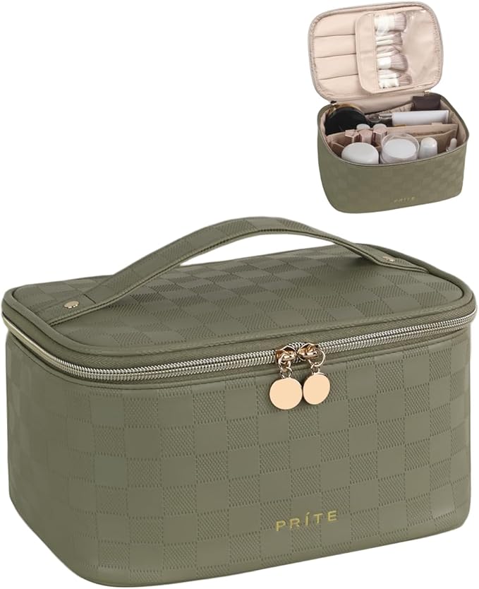 Prite Makeup Bag Travel Cosmetic Case, Women Toiletry bag, Checkered Green