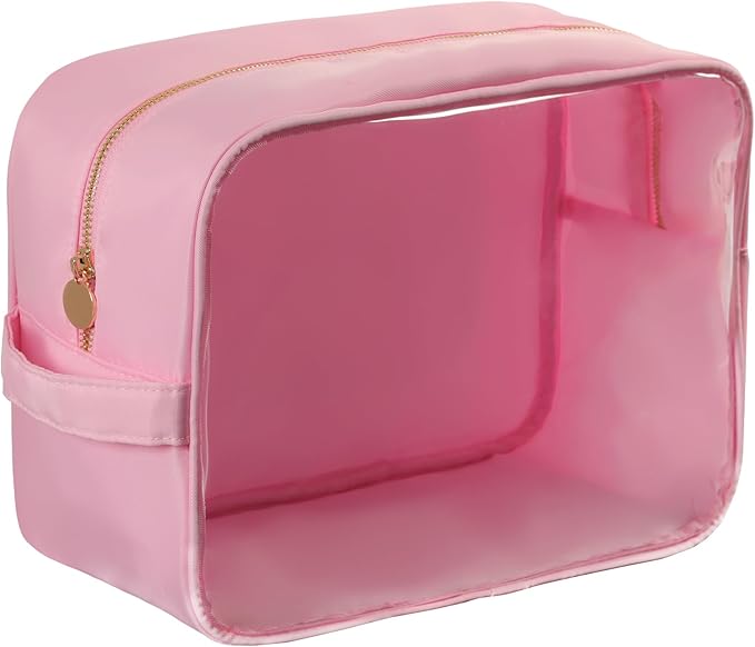 YogoRun Clear Large Makeup Bag Travel Essentials Toiletry Bag Cosmetic Pouch Gifts for Women Nylon Bathroom Bag XL, Light Pink